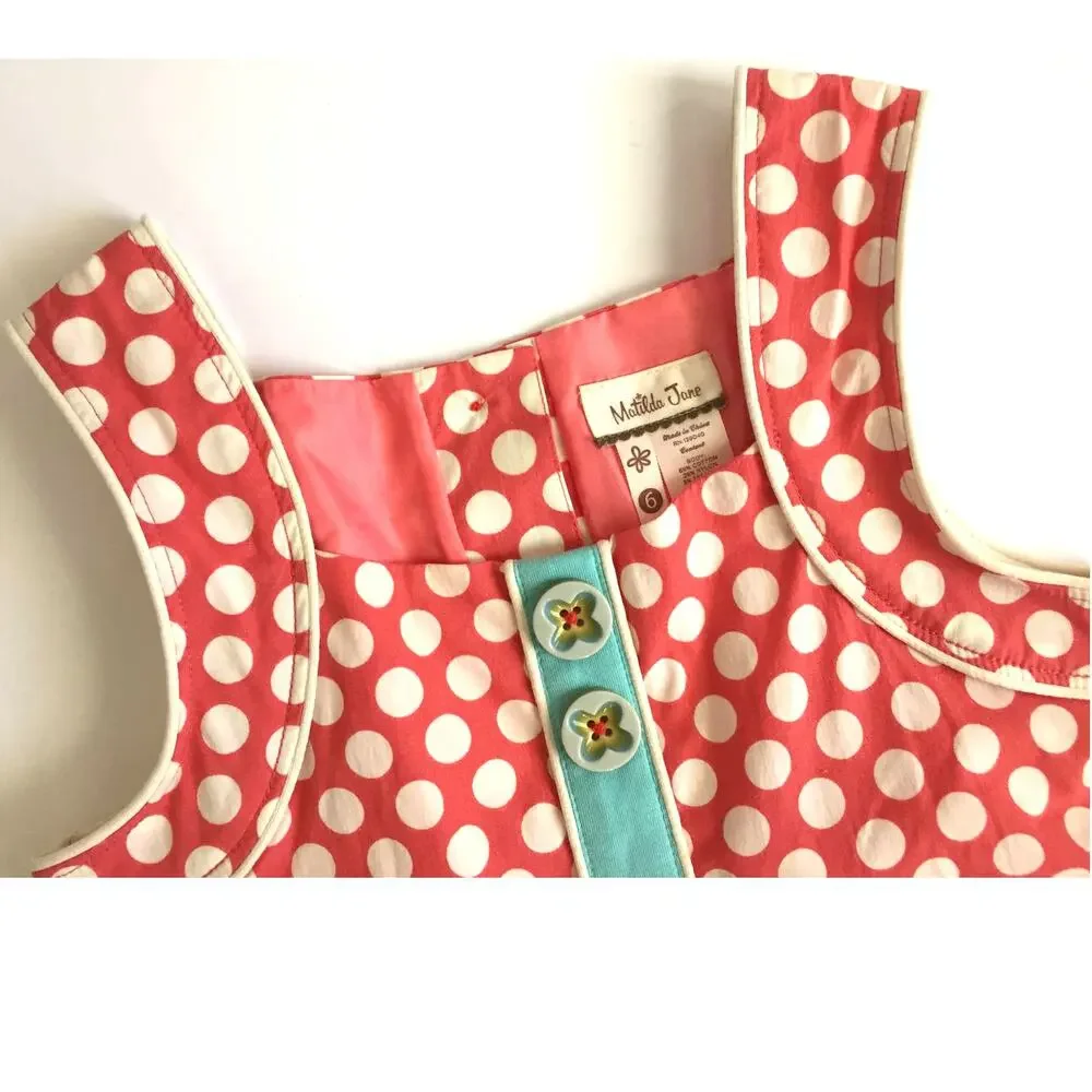 Matilda Jane Red‎ White Polka Dot Dress Girls Ruffle Hem Button Front Size 6